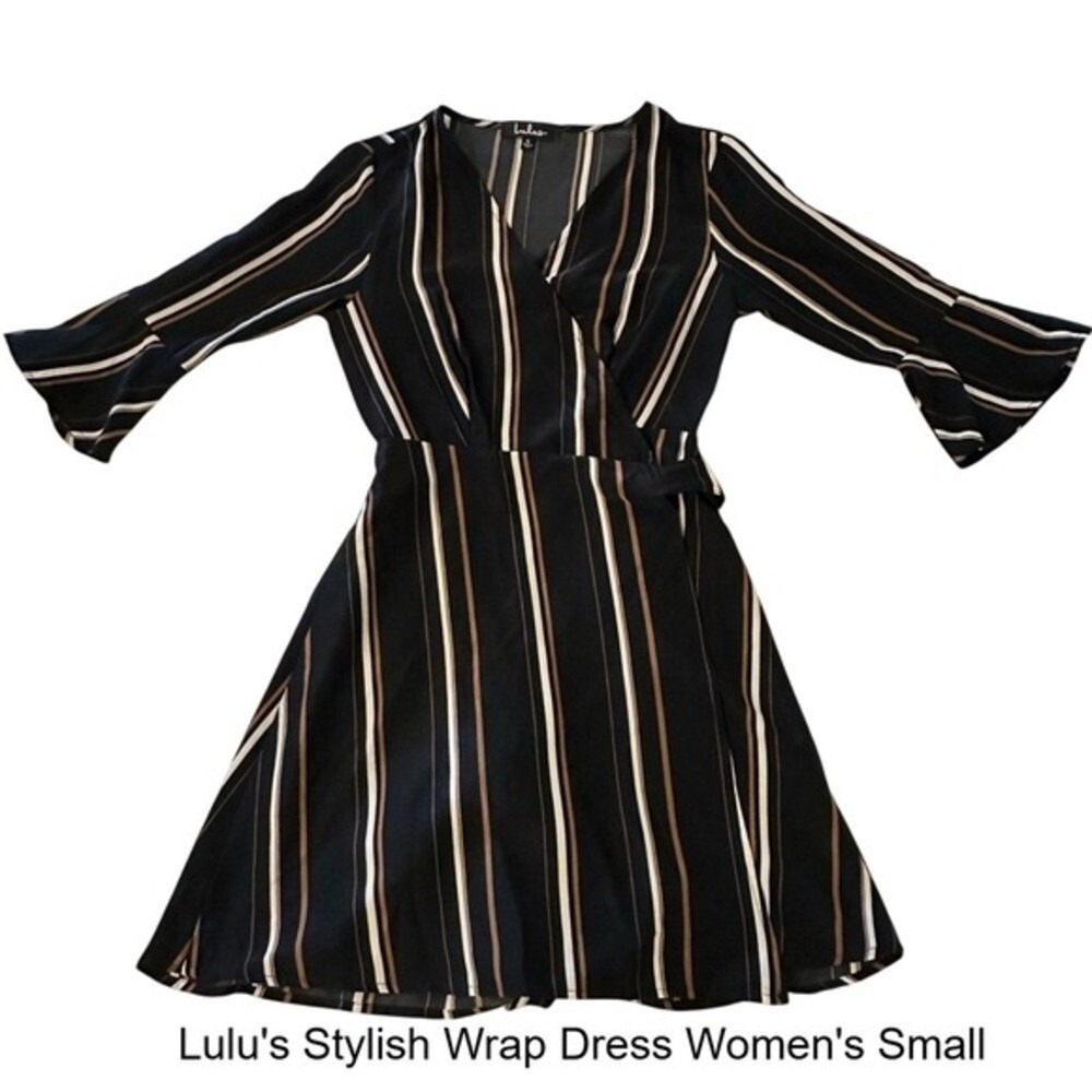 Lulus Womens Small Black Striped Wrap Dress Bell Sleeve Mini V-Neck Made in USA